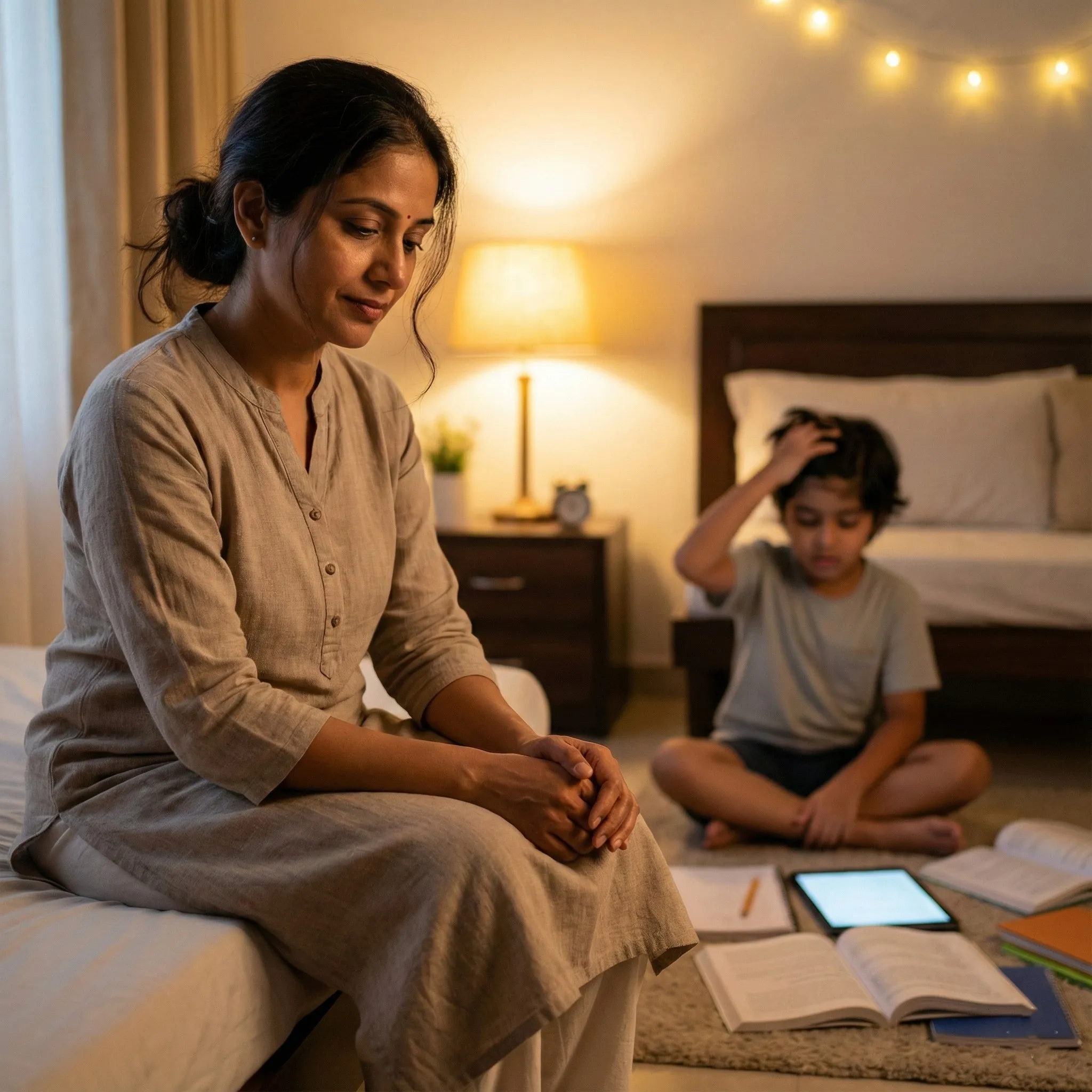 Stressed mother with child