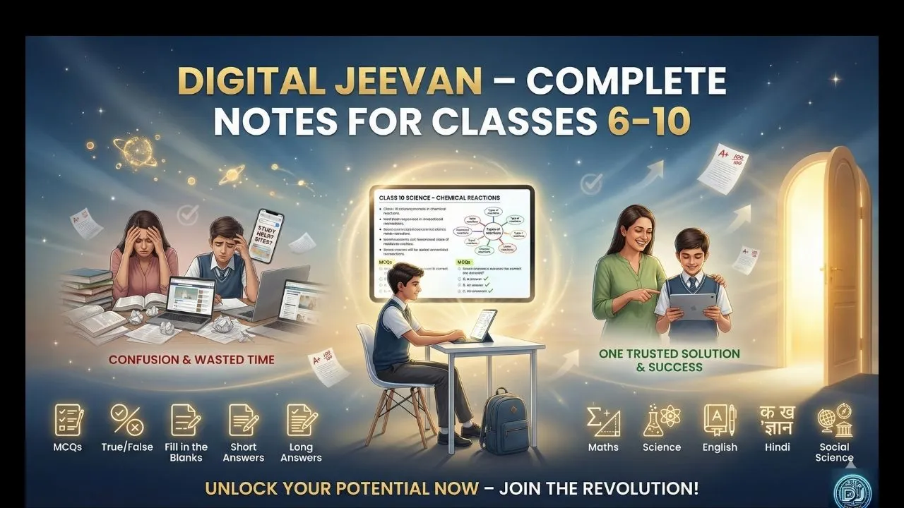 A cinematic transformation scene of a school student (Class 6–10 age). Left side shows a confused student sitting at a messy desk, surrounded by scattered books, notebooks, and mobile phone showing Google search results, worried expression. Right side shows the same student confident and smiling, neatly studying on a tablet with digital notes open, scoring high marks. In the center, glowing digital study notes icon representing Classes 6–10 all subjects. Background with light rays, upward progress arrows, subject names floating (Maths, Science, English, Hindi, Social Science). Bright, positive lighting on right side, darker tone on left. Inspirational, high-contrast, cinematic education theme. Space at top for headline text.