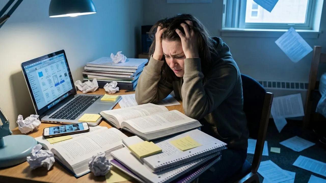 Stressed student with scattered notes