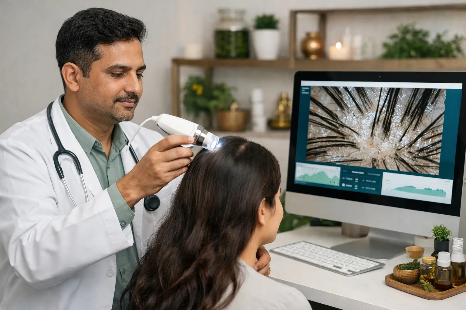 Indian Ayurvedic doctor performing digital scalp analysis with trichoscope, magnified scalp image on screen, clean modern clinic, calm premium healthcare look, realistic photography, soft lighting, professional and trustworthy mood.