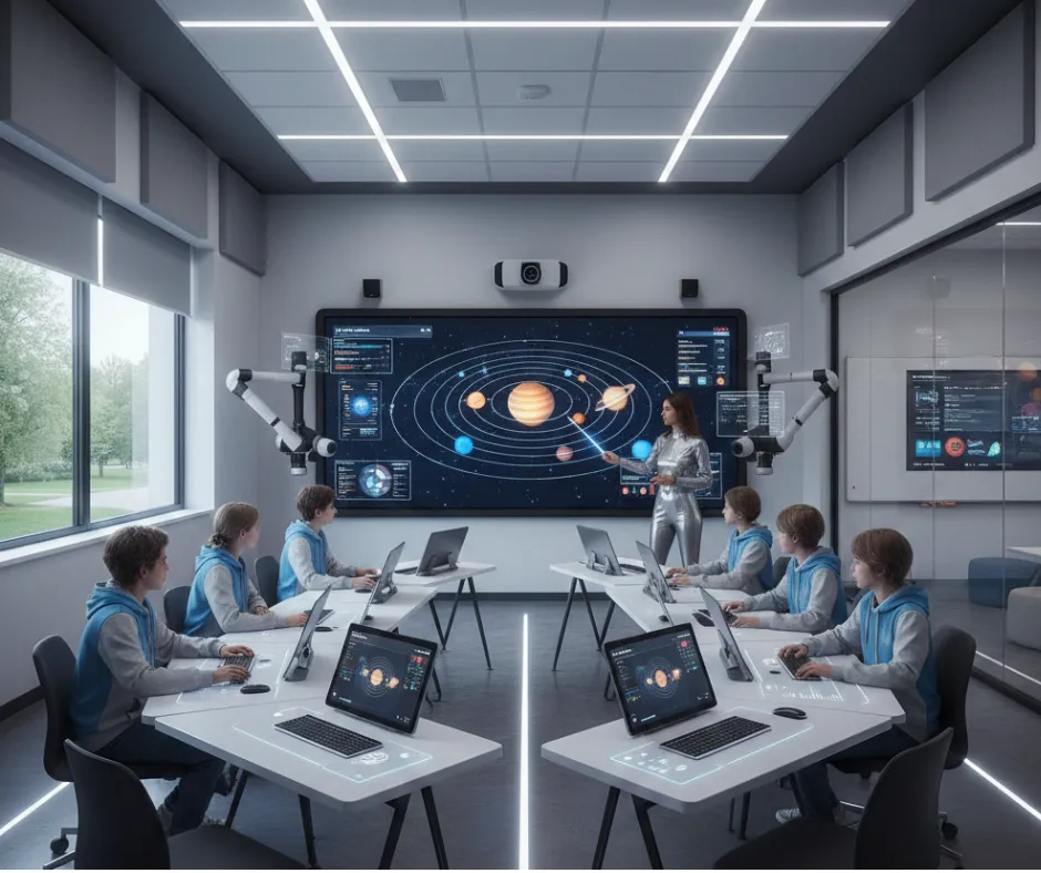Students in an international classroom with a trainer guiding them during a language lesson.