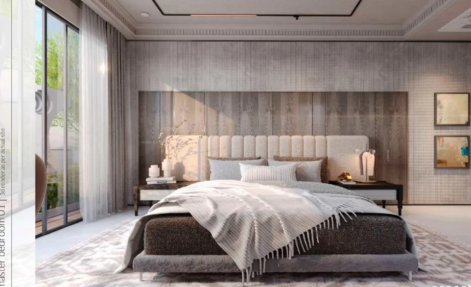 Elegant minimalist bedroom with stylish decor and modern lighting.