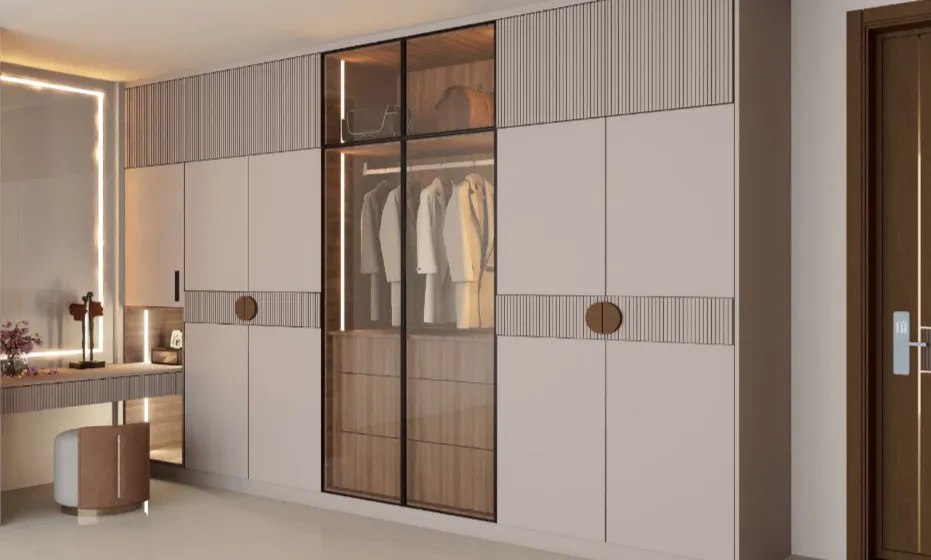 Elegant minimalist bedroom with stylish decor and modern lighting.