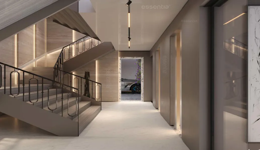 Elegant minimalist living room with neutral colors and modern decor.