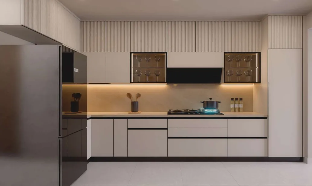 Sleek modern kitchen with elegant lighting, stylish cabinetry, and high-end appliances.