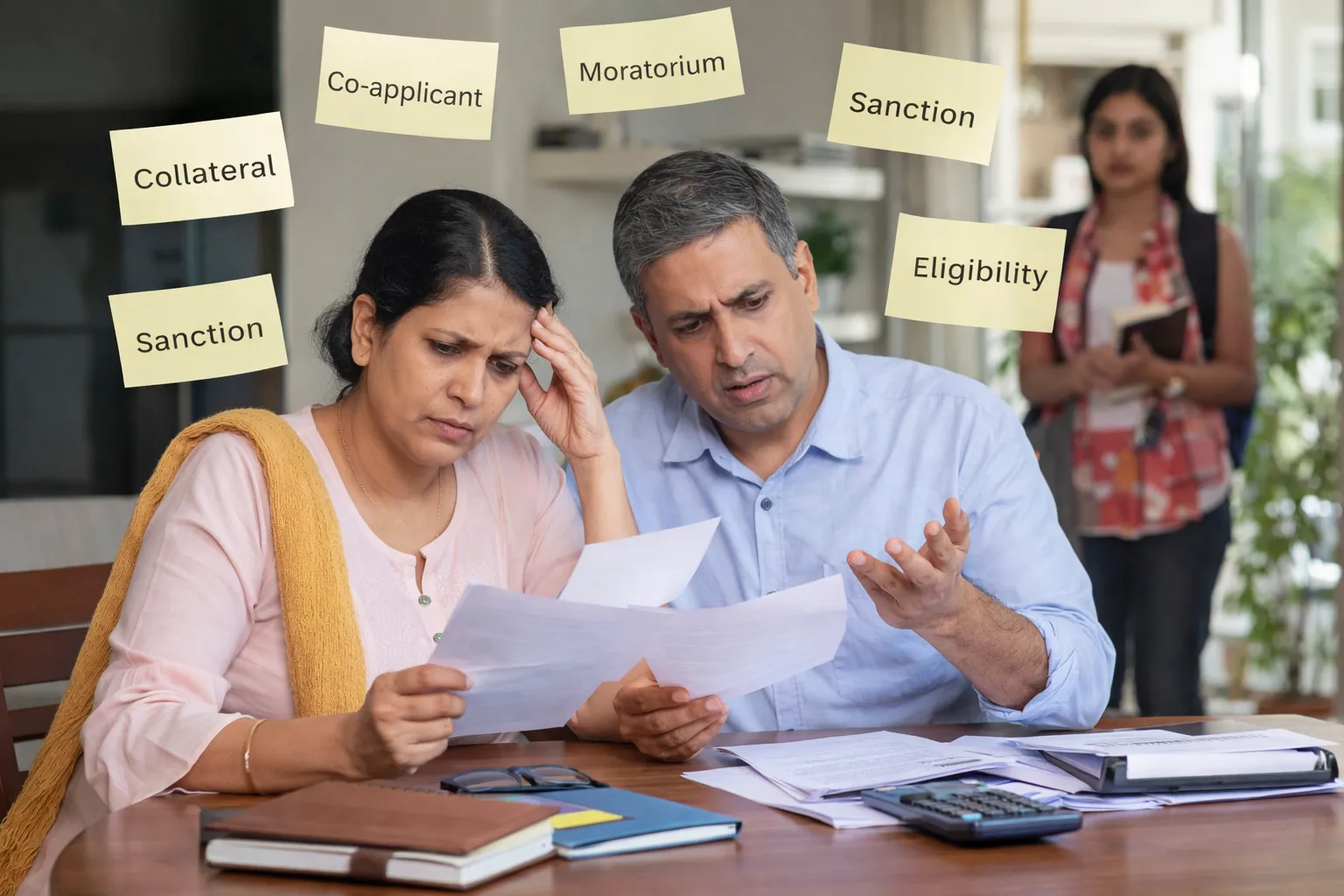 A smiling couple collaborates on financial paperwork at home, using a laptop and calculator.