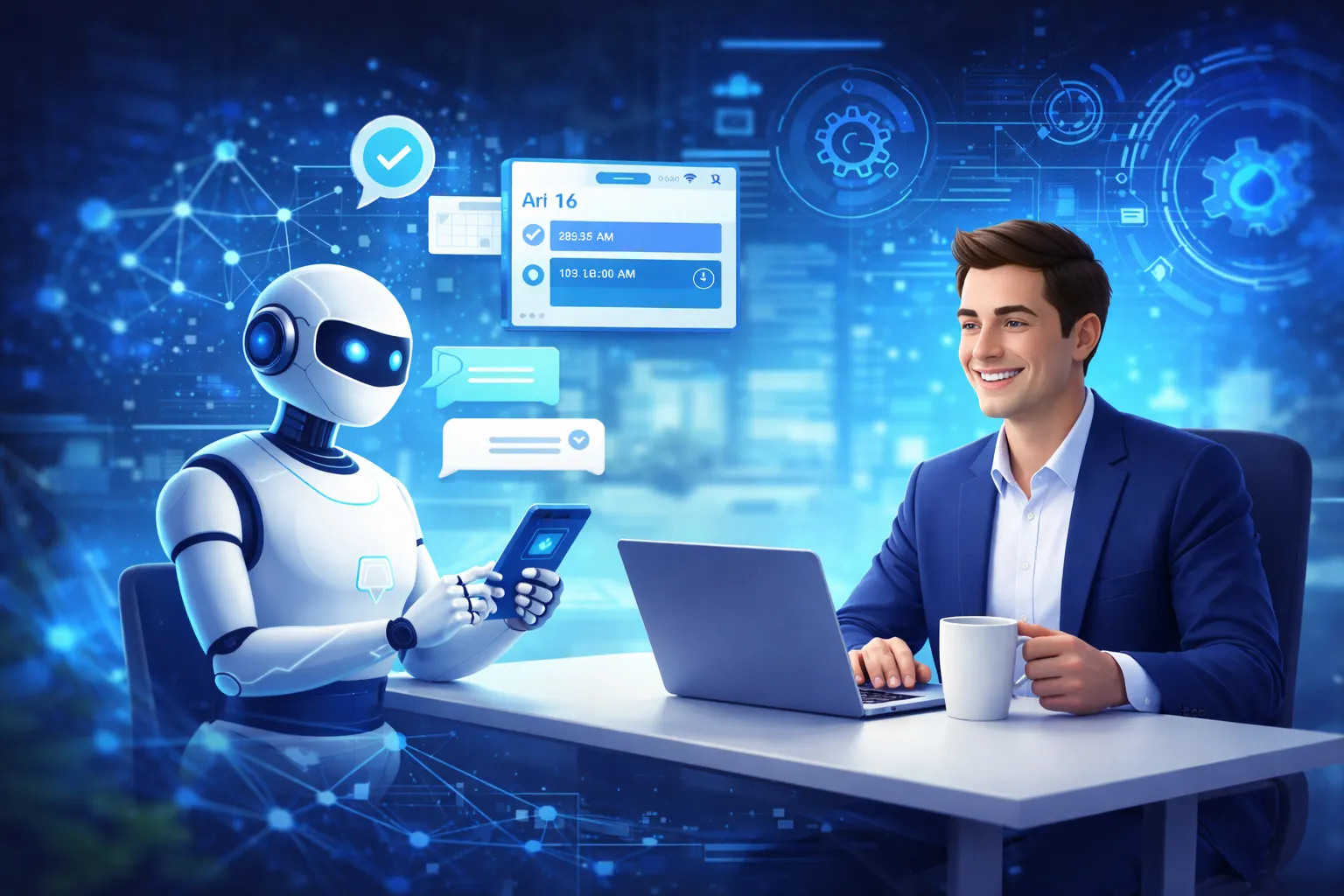 Young man working on plans with laptop and calendar, organizing tasks and schedules.