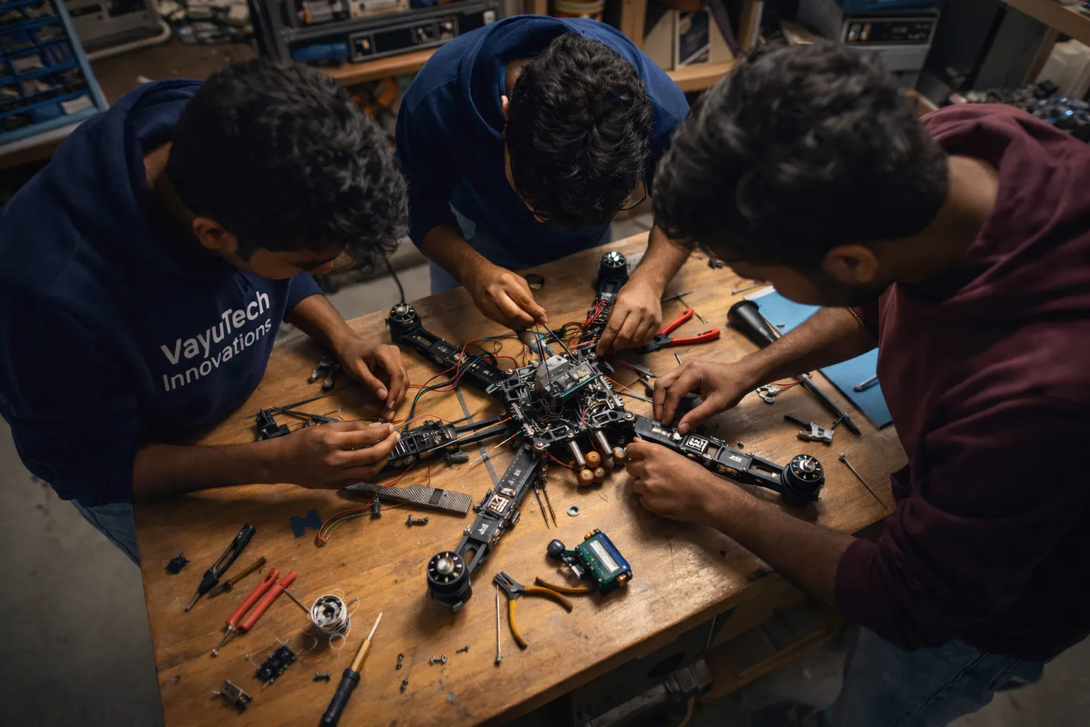 Engineers collaborating in an advanced manufacturing facility, focusing on machinery operations.